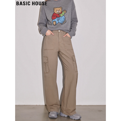 百家好卡其色加绒加厚阔腿工装裤