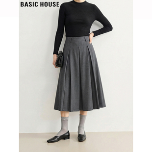 A字西装 Basic 高腰中长款 百家好深灰色百褶半身裙女春季 裙 House