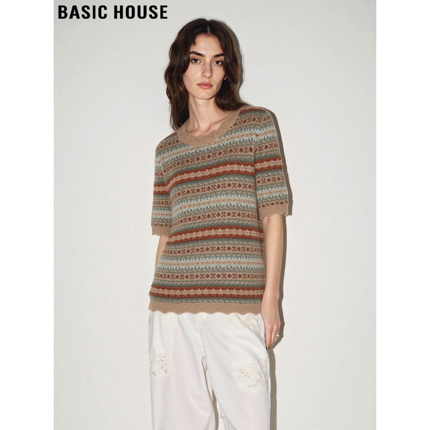Basic House/百家好高级感提花短袖T恤女夏季薄款羊毛半袖针织衫
