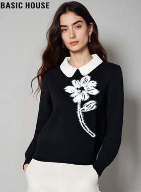 Basic House/百家好假两件拼接针织衫女2026春季新款翻领提花毛衣