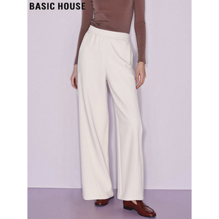Basic House/百家好加绒米白色阔腿裤女2025冬季新款松紧腰直筒裤