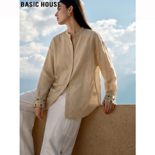 Basic House/百家好高级感钉珠亚麻衬衫女薄款夏季设计感防晒外套