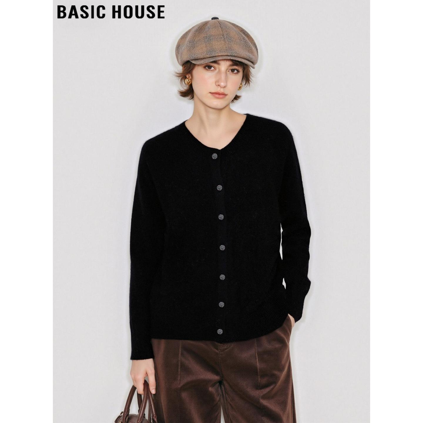 黑色圆领针织开衫软糯毛衣外套女