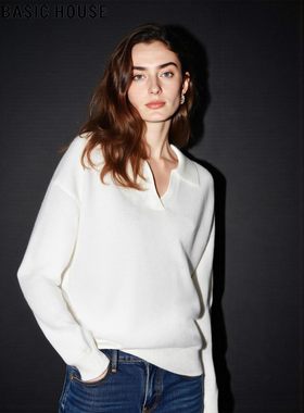 Basic House/百家好白色V领针织衫女2026春季新款慵懒风软糯毛衫