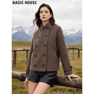 Basic House/百家好棕色小个子毛呢外套女士冬季加厚羊毛呢子大衣