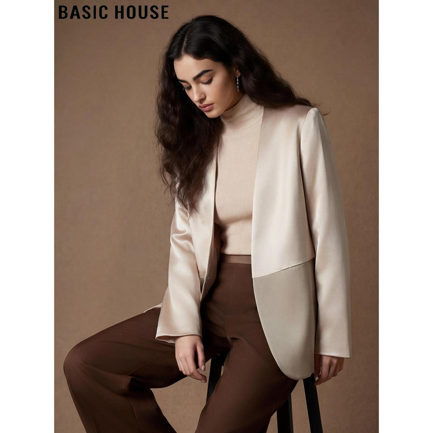 Basic House/百家好香槟色西装外套女2026春季新款高级感缎面西服