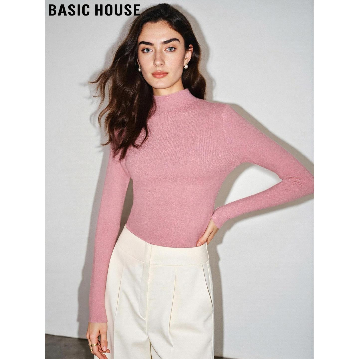 Basic House/百家好粉色半高领针织衫女2025冬季新款简约内搭上衣,女装/女士精品,毛针织衫,淘宝优惠券,粉丝福利购,淘宝优惠卷