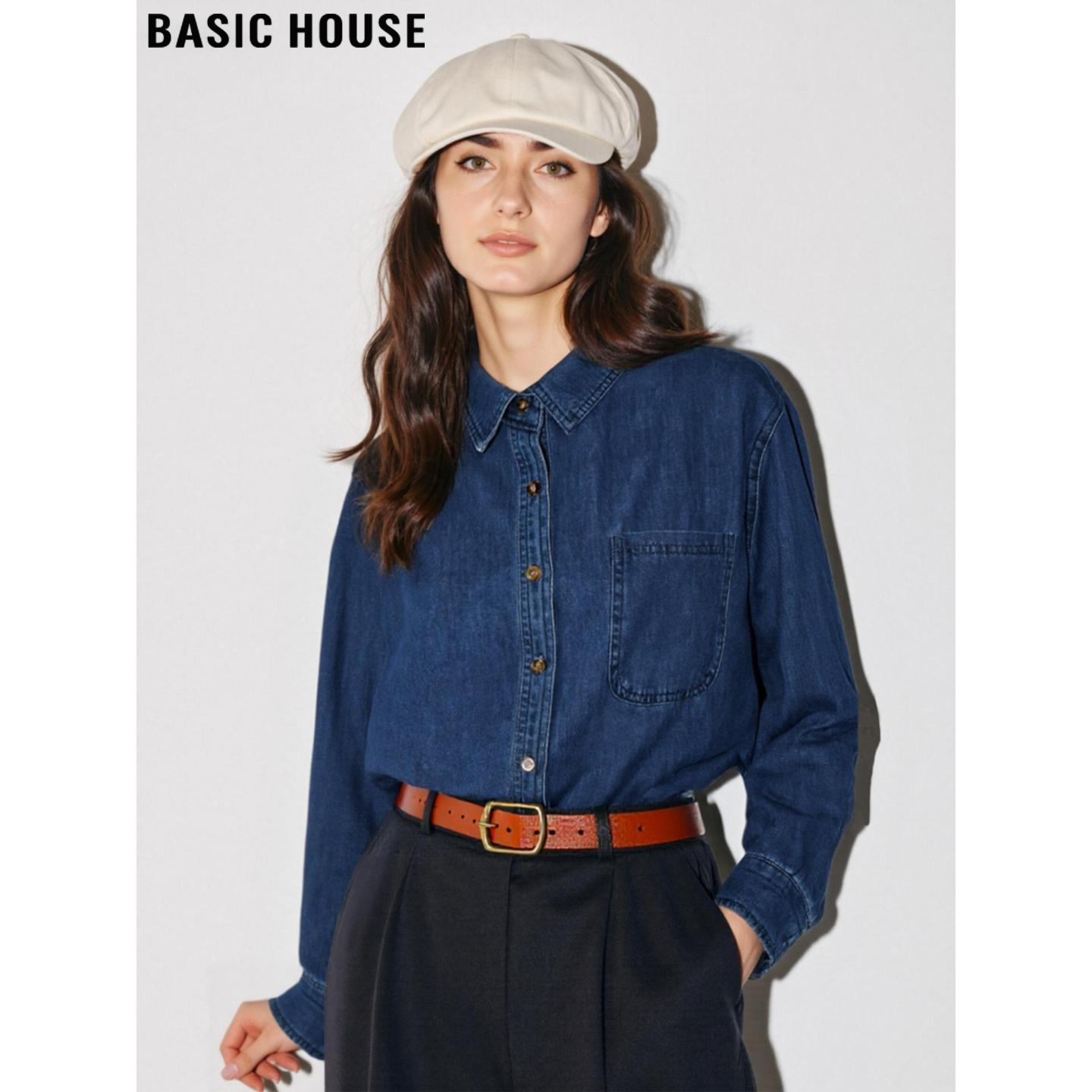 Basic House/百家好复古蓝牛仔衬衫女2026春季新款POLO领长袖衬衣,女装/女士精品,衬衫,淘宝优惠券,粉丝福利购,淘宝优惠卷