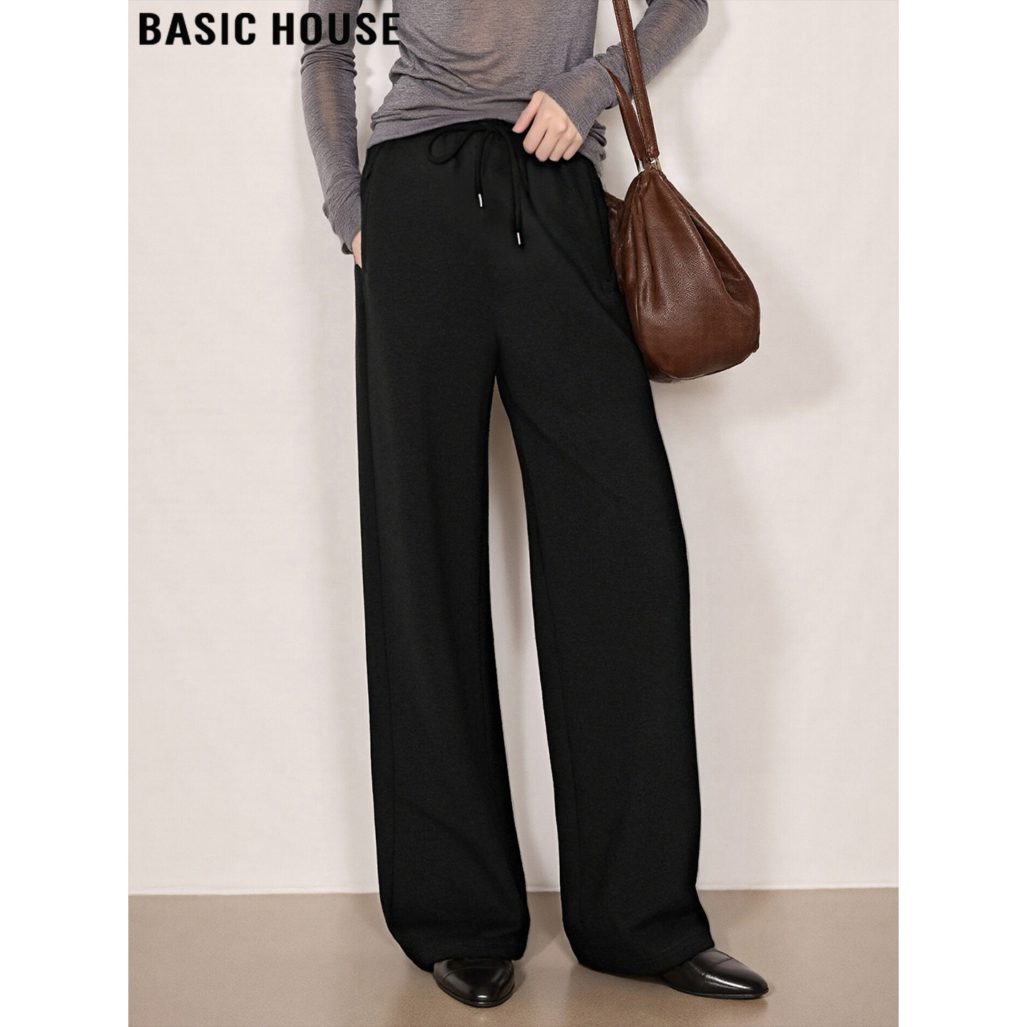 Basic House/百家好运动休闲黑色阔腿裤女2026春季新款松紧腰长裤