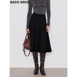 高腰中长裙子 百家好通勤黑色含羊毛A字半身裙女春季 Basic House