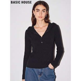 Basic House/百家好黑色连帽长袖针织衫女春季新款半拉链打底上衣