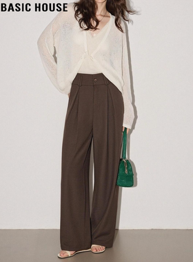 Basic House/百家好咖色阔腿西装裤女2026春季新款高腰垂感直筒裤