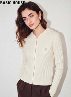 Basic House/百家好杏色连帽拉链开衫女士2026春季新款修身针织衫