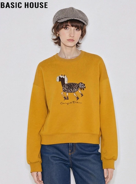 Basic House/百家好洋气减龄黄色小马印花圆领卫衣女2026春季新款