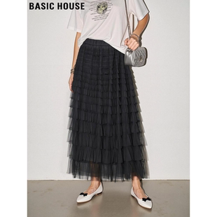 新款 百家好气质黑色网纱蛋糕裙女2026春季 高腰半身裙 House Basic