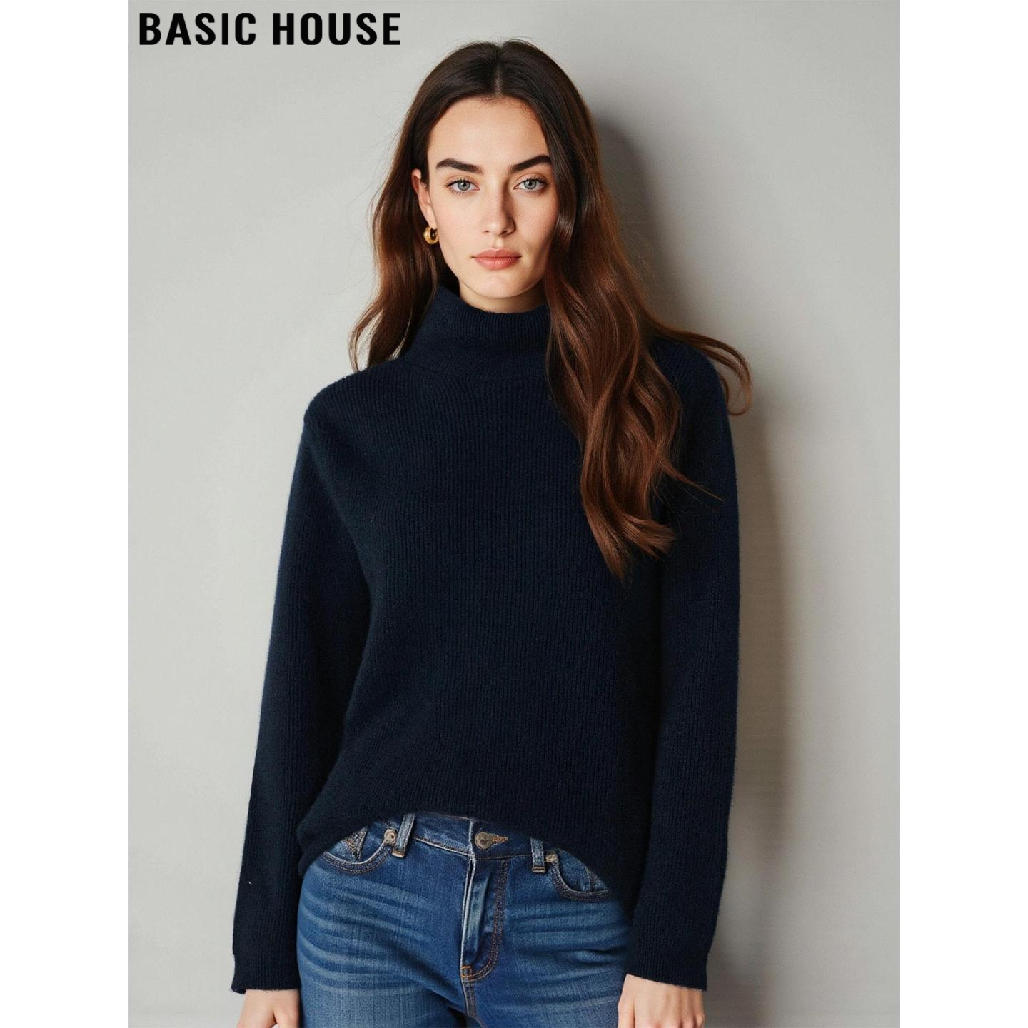 Basic House/百家好黑色100%羊毛衫半高领毛衣女冬季内搭软糯上衣