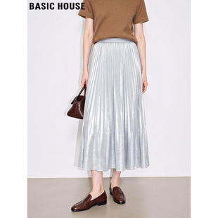 新款 百家好高级灰丝绒百褶半身裙女2026春季 高腰长裙 House Basic