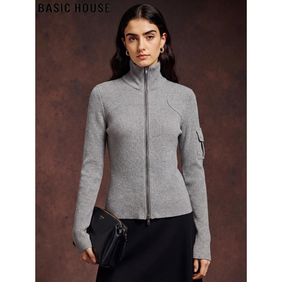 灰色拉链立领针织开衫毛衣外套女