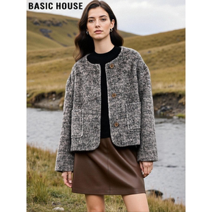 Basic House/百家好气质灰色圆领羊毛呢外套女冬季小个子短款上衣