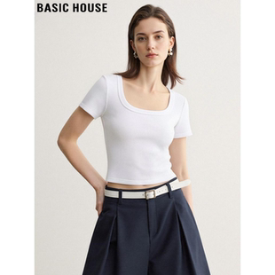 新款 Basic T恤女士2026夏季 百家好白色方领短袖 带胸垫上衣 House