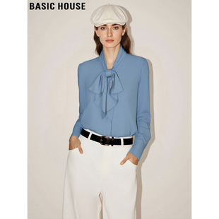 House 新款 百家好法式 女士2026春季 打底衬衣 蝴蝶结蓝色衬衫 Basic
