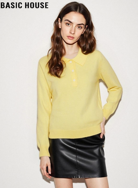 Basic House/百家好黄色100%羊毛针织衫女冬季内搭软糯半开领上衣