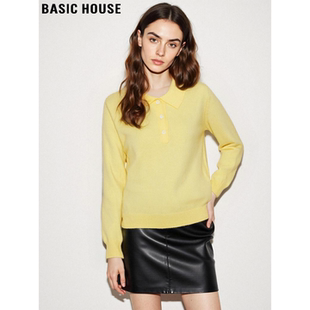Basic House/百家好黄色100%羊毛针织衫女冬季内搭软糯半开领上衣