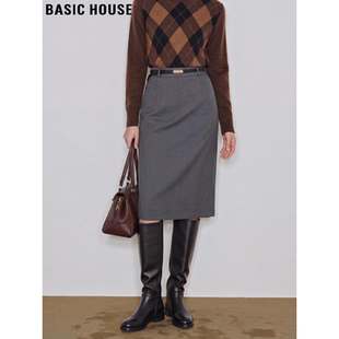 新款 百家好灰色直筒半身裙女2026春季 高腰显瘦铅笔裙 House Basic