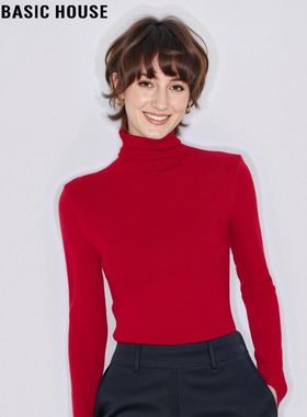Basic House/百家好本命年红色高领毛衣女士冬季含羊毛针织打底衫