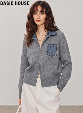 Basic House/百家好牛仔翻领拉链开衫女2026春季新款复古针织外套