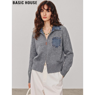 新款 Basic 女2026春季 百家好牛仔翻领拉链开衫 复古针织外套 House