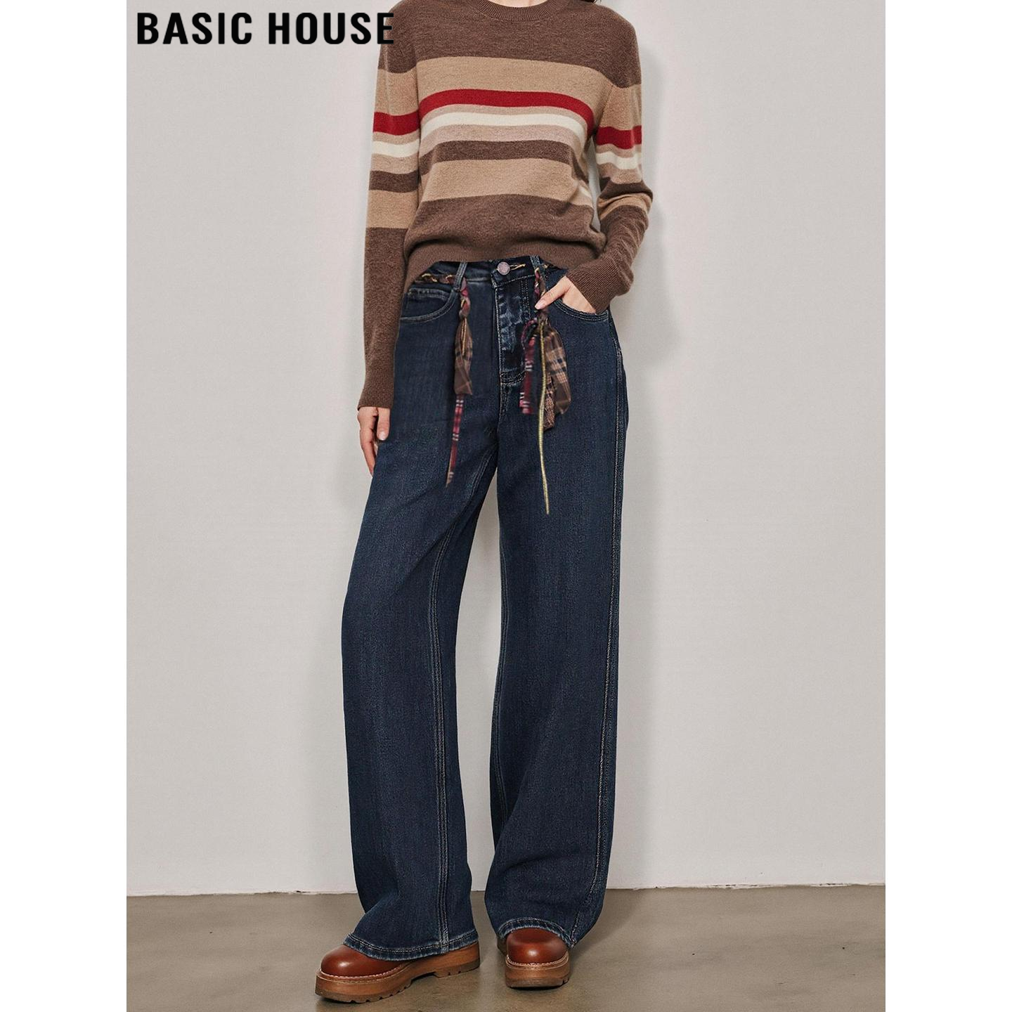 Basic House/百家好复古蓝灰加绒直筒牛仔裤女2025冬季宽松阔腿裤