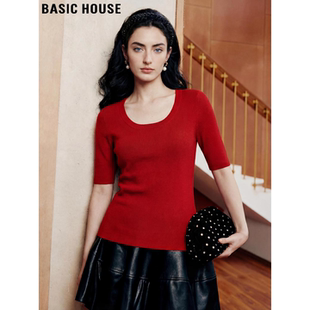 Basic House/百家高级感红色U领短袖针织衫女春季修身半袖打底衫