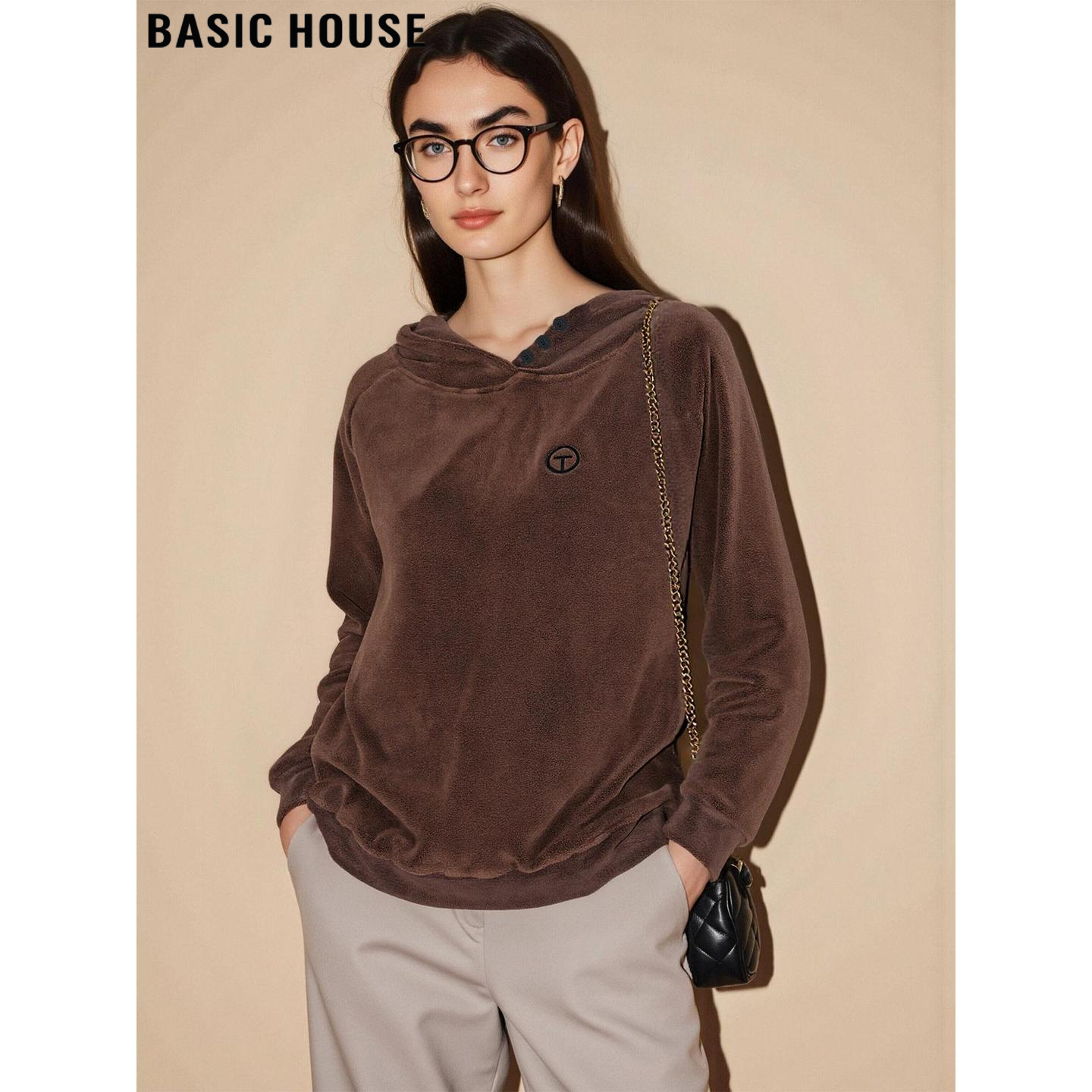 百家好美拉德咖色连帽加绒卫衣女