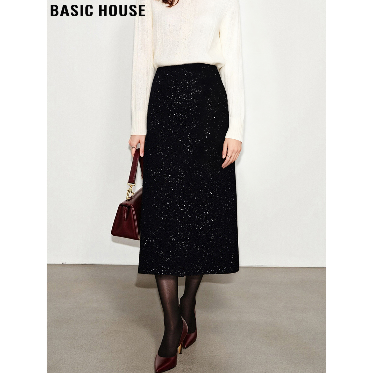 百家好高级感黑色亮片羊毛半身裙