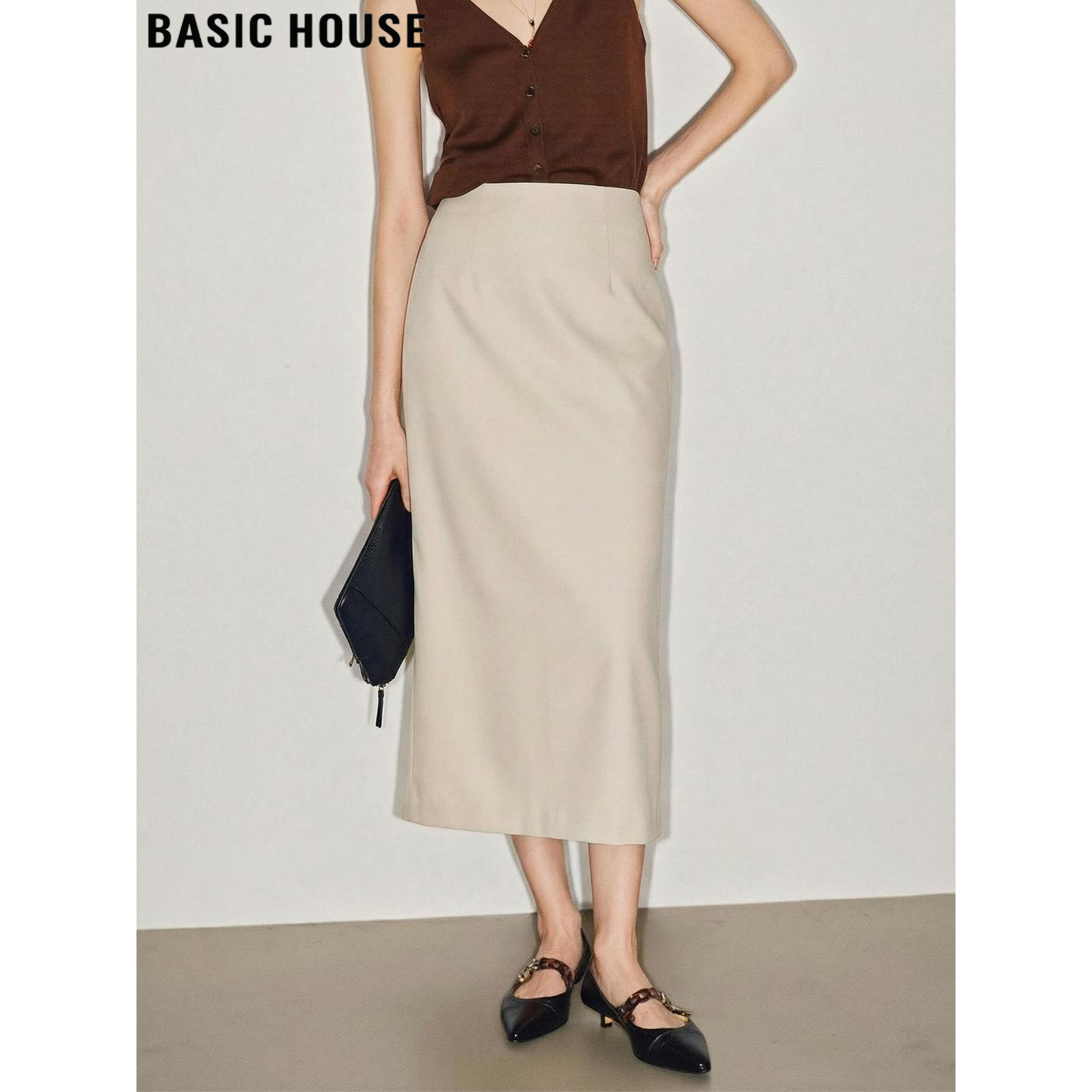 Basic House/百家好通勤杏色西装半身裙女2026春季新款高腰中长裙