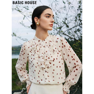 Basic House/百家好波点荷叶边立领雪纺衫女2026春季新款气质小衫