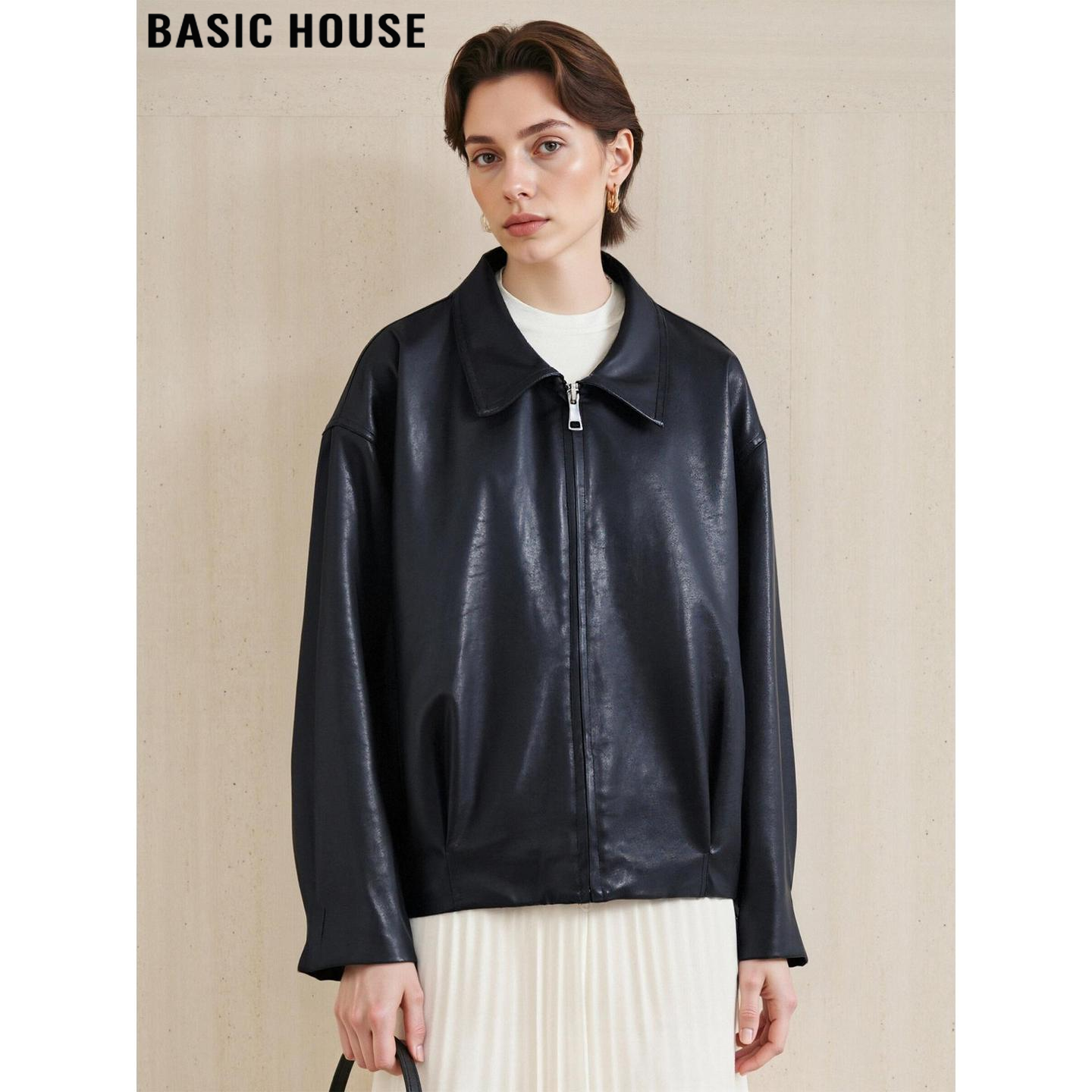 百家好高级黑色翻领PU皮衣外套女