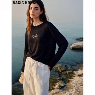 宽松休闲罩衫 Basic T恤女夏季 百家好黑色圆领字母印花长袖 House
