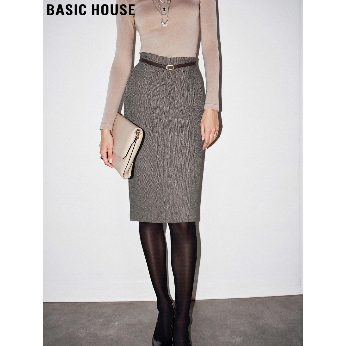 Basic House/百家好咖色包臀半身裙女2026春季新款高腰直筒西装裙