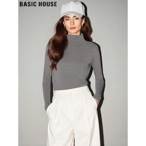 百家好灰色半高领德绒针织打底衫