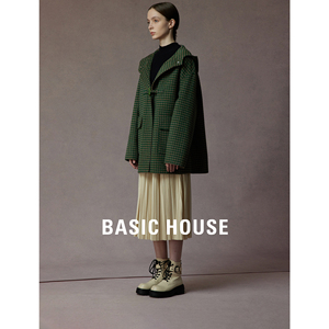 Basic House/百家好中长款连帽毛呢大衣女2023冬季新款复古外套