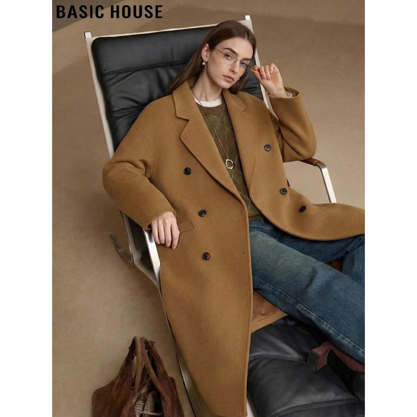 Basic House/百家好驼色羊毛呢子大衣女2025冬季长款过膝毛呢外套