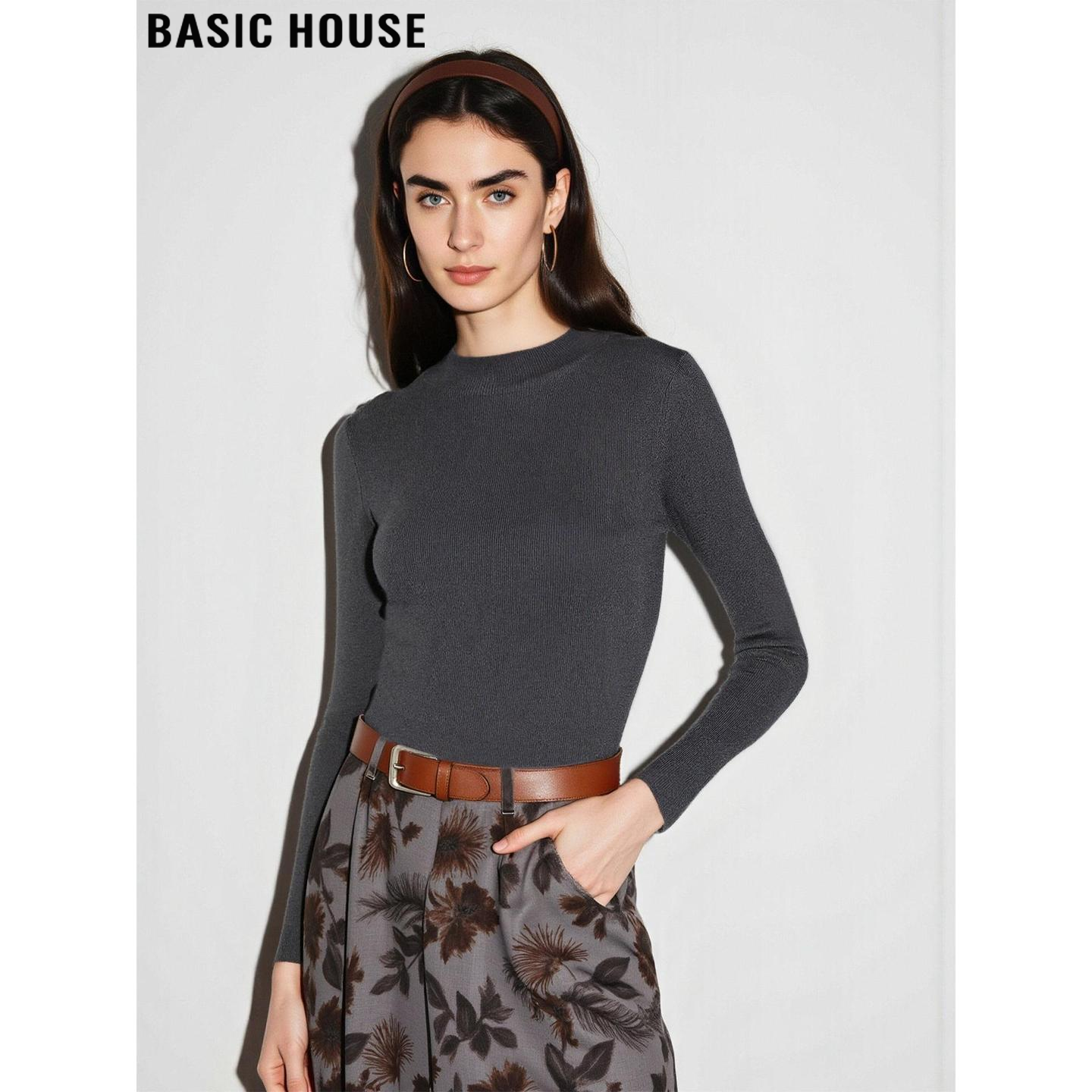 适百搭灰色针织打底衫女长袖内搭