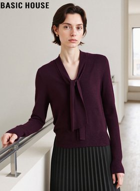 Basic House/百家好紫色羊毛针织衫女士2026春季新款系带V领上衣