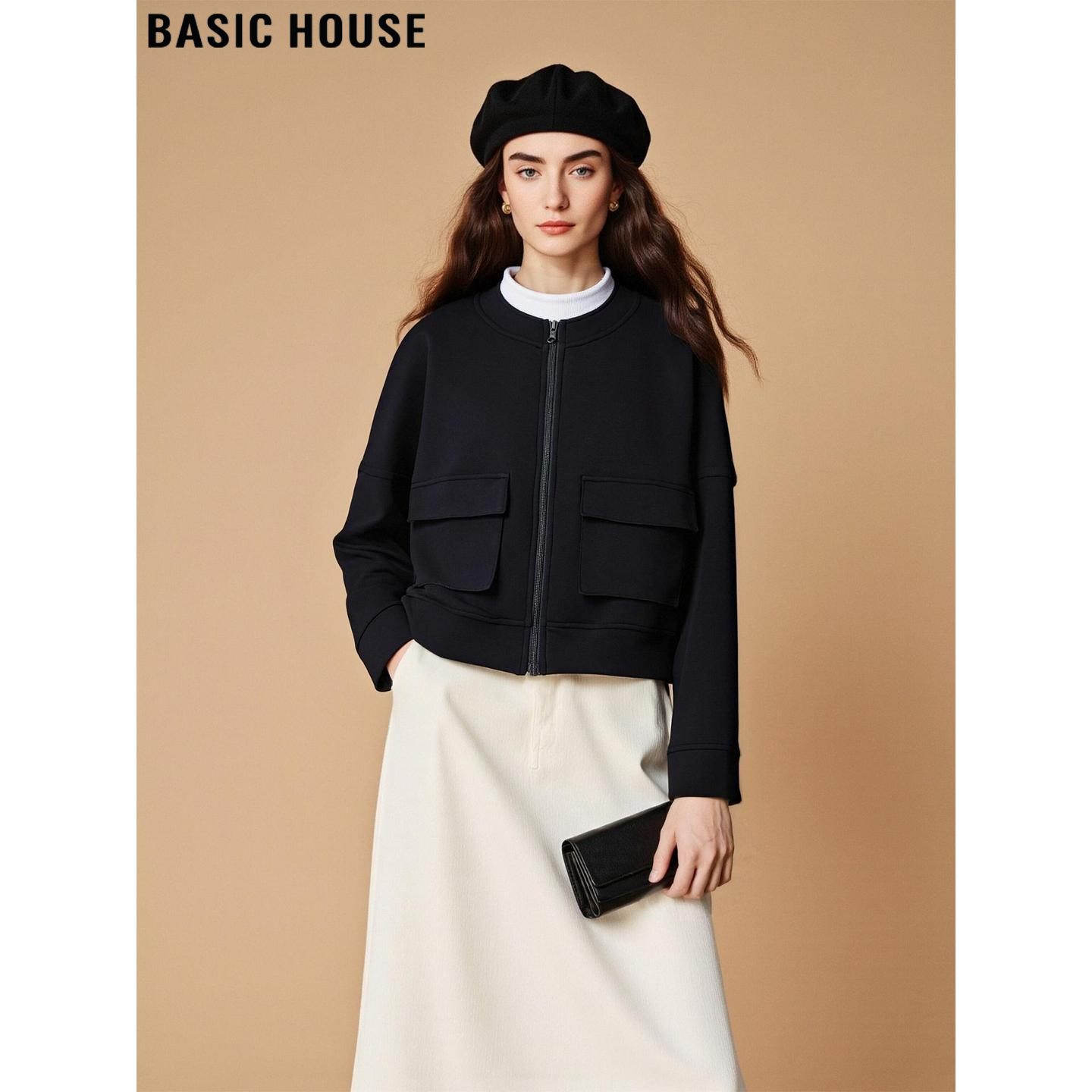 Basic House/百家好黑色圆领工装外套女2025冬季新款宽松短款夹克