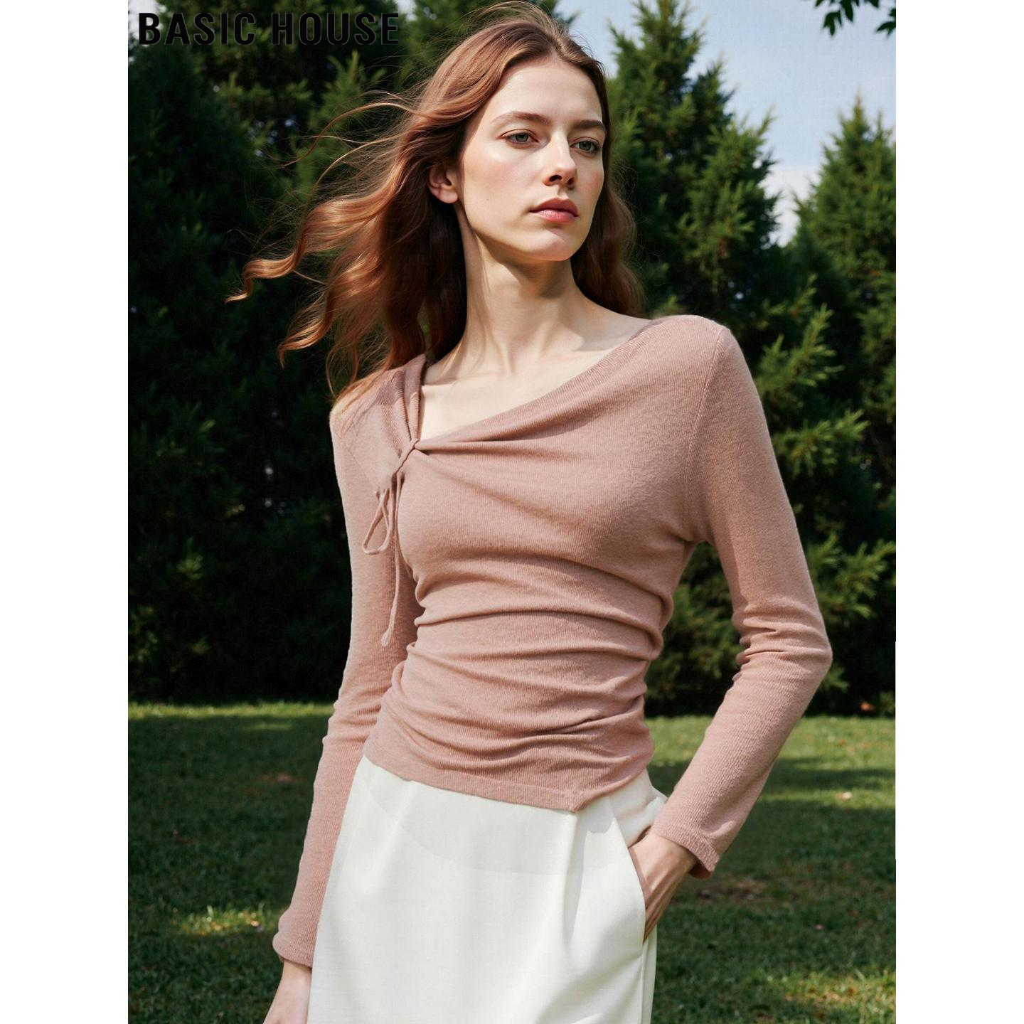 Basic House/百家好粉色长袖针织衫女士2025冬季褶皱修身斜肩上衣,女装/女士精品,毛针织衫,淘宝优惠券,粉丝福利购,淘宝优惠卷