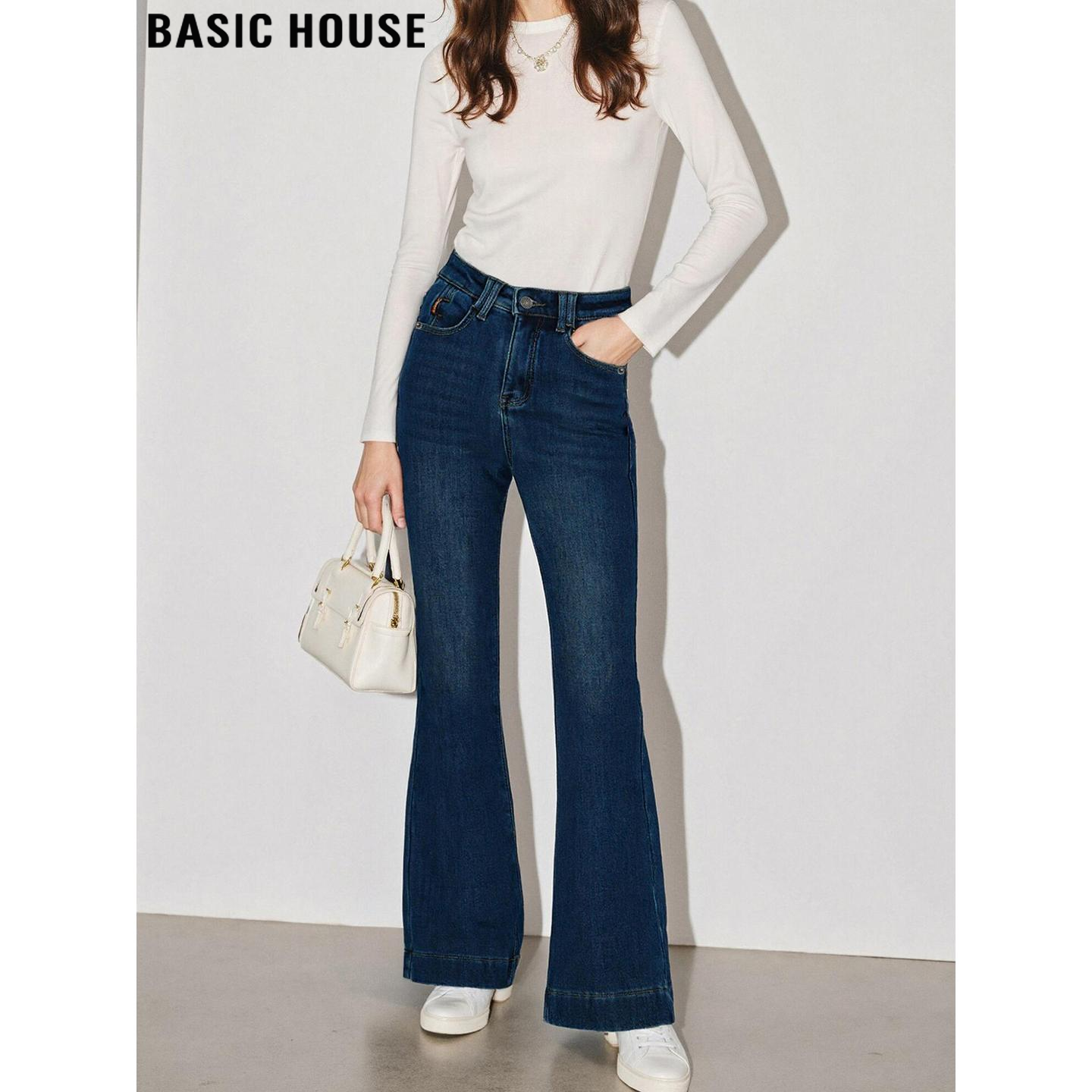 百家好复古蓝色修身微喇叭牛仔裤