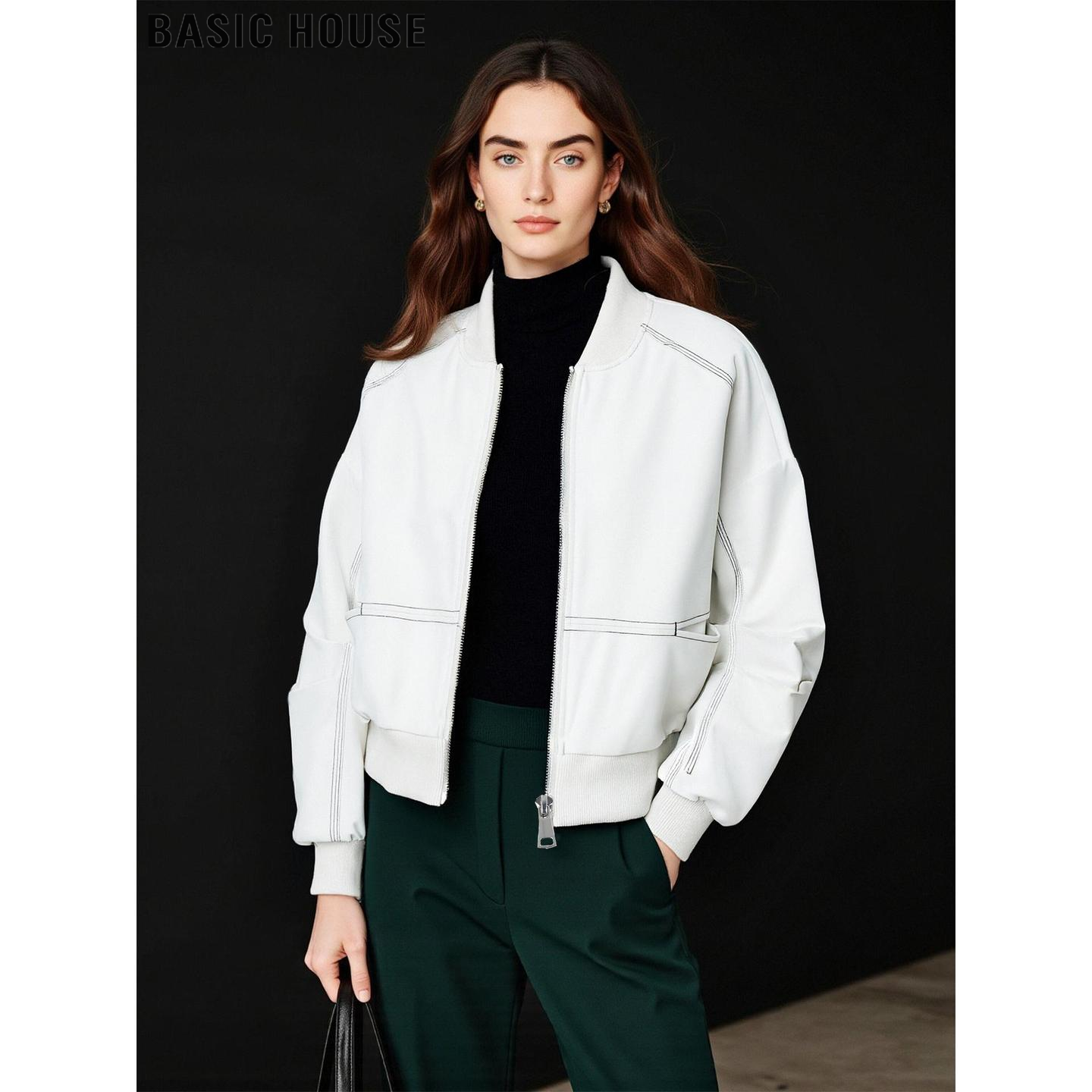 Basic House/百家好米白色棒球服外套女2026春季新款短款棉服夹克