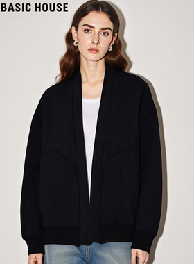 Basic House/百家好黑色卫衣外套女士2026春季新款慵懒风无领开衫